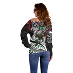 Personalised South Sydney Rabbitohs Off Shoulder Sweater Polynesian Tribal Art Style With Powerful Rabbit Mascot