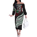 Personalised South Sydney Rabbitohs Off The Shoulder Long Sleeve Dress Polynesian Tribal Art Style With Powerful Rabbit Mascot