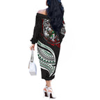 Personalised South Sydney Rabbitohs Off The Shoulder Long Sleeve Dress Polynesian Tribal Art Style With Powerful Rabbit Mascot