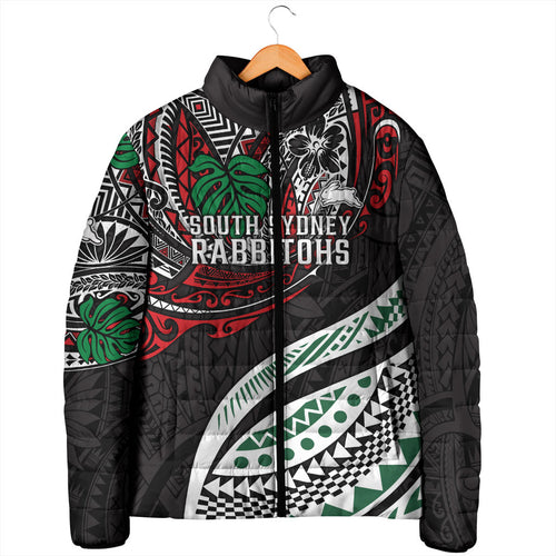 Personalised South Sydney Rabbitohs Padded Jacket Polynesian Tribal Art Style With Powerful Rabbit Mascot
