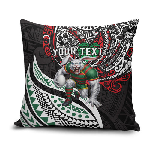 Personalised South Sydney Rabbitohs Pillow Cover Polynesian Tribal Art Style With Powerful Rabbit Mascot