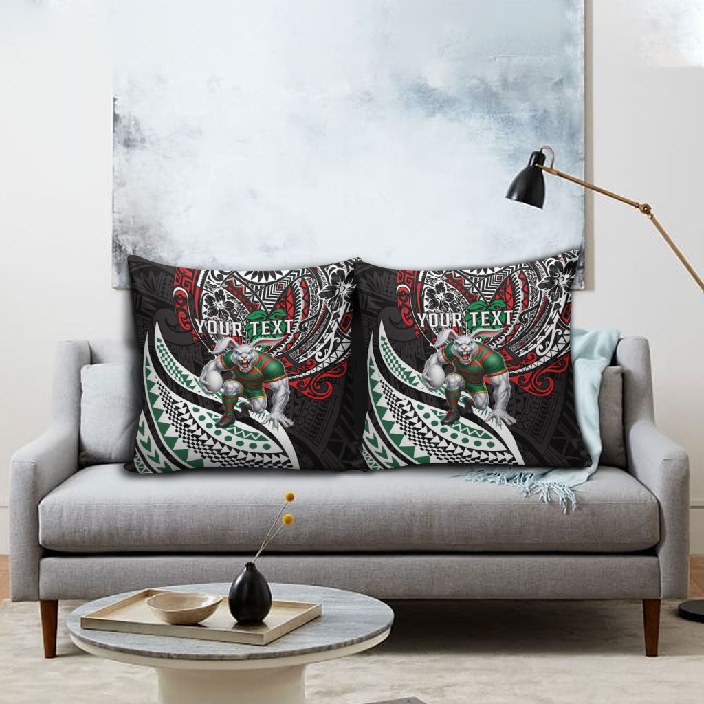 Personalised South Sydney Rabbitohs Pillow Cover Polynesian Tribal Art Style With Powerful Rabbit Mascot
