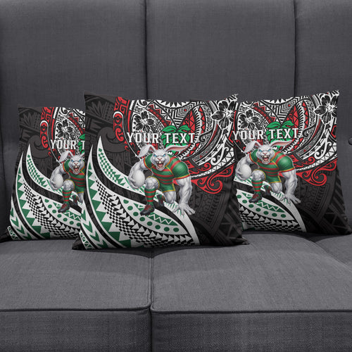 Personalised South Sydney Rabbitohs Pillow Cover Polynesian Tribal Art Style With Powerful Rabbit Mascot