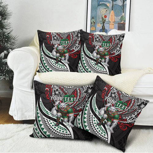 Personalised South Sydney Rabbitohs Pillow Cover Polynesian Tribal Art Style With Powerful Rabbit Mascot