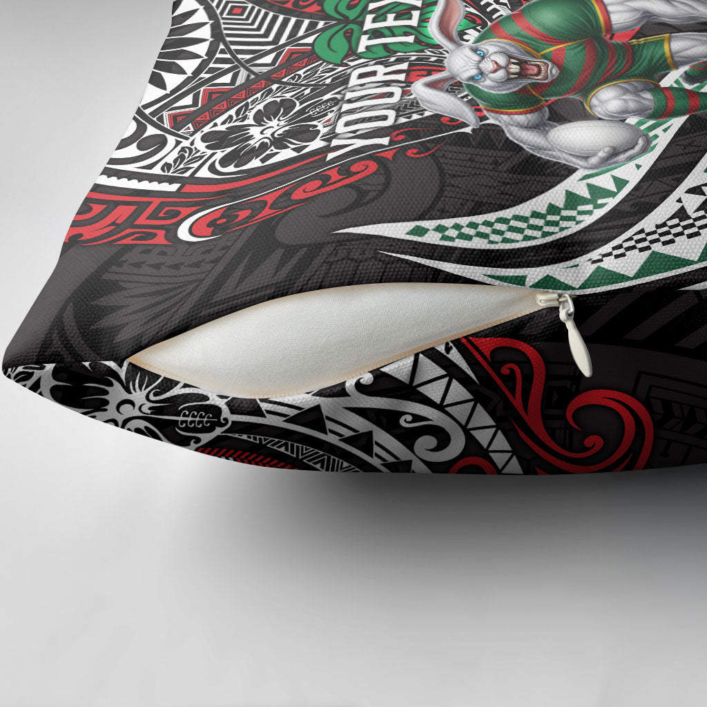 Personalised South Sydney Rabbitohs Pillow Cover Polynesian Tribal Art Style With Powerful Rabbit Mascot