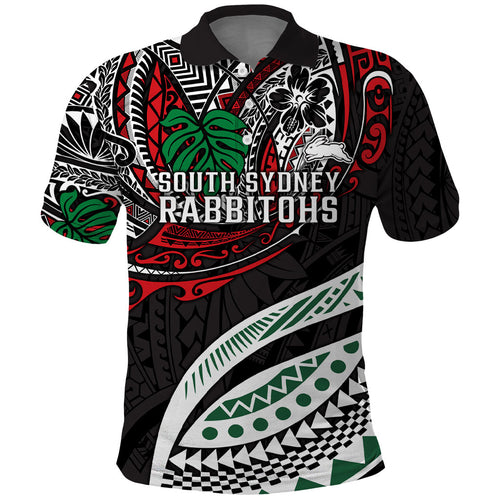 Personalised South Sydney Rabbitohs Polo Shirt Polynesian Tribal Art Style With Powerful Rabbit Mascot