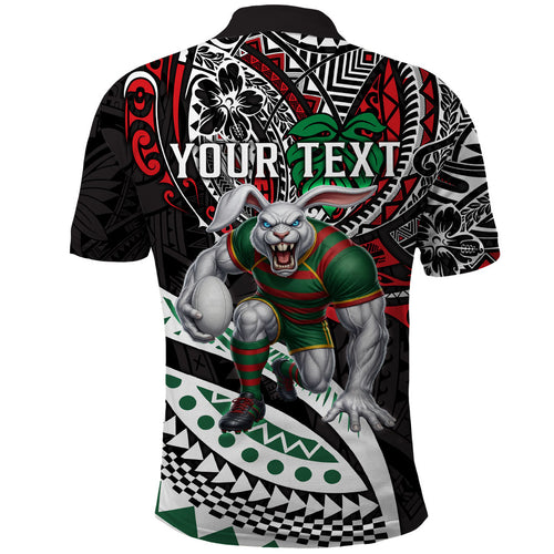 Personalised South Sydney Rabbitohs Polo Shirt Polynesian Tribal Art Style With Powerful Rabbit Mascot