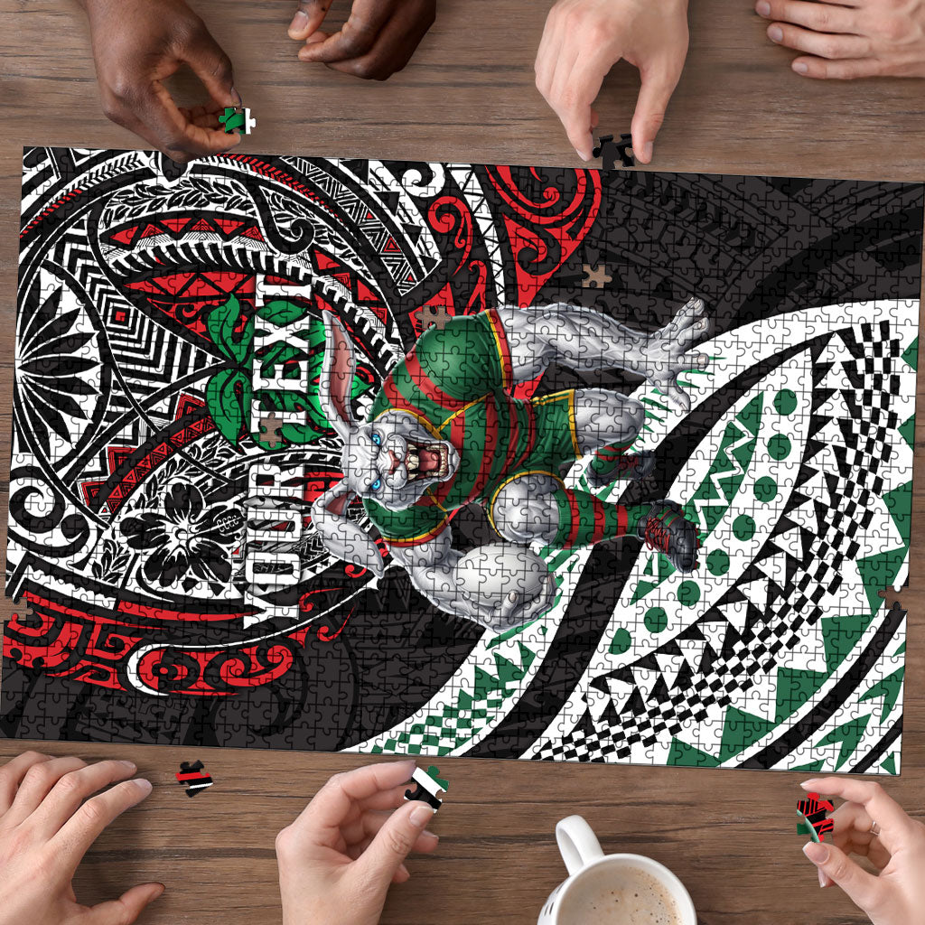 Personalised South Sydney Rabbitohs Puzzle Polynesian Tribal Art Style With Powerful Rabbit Mascot