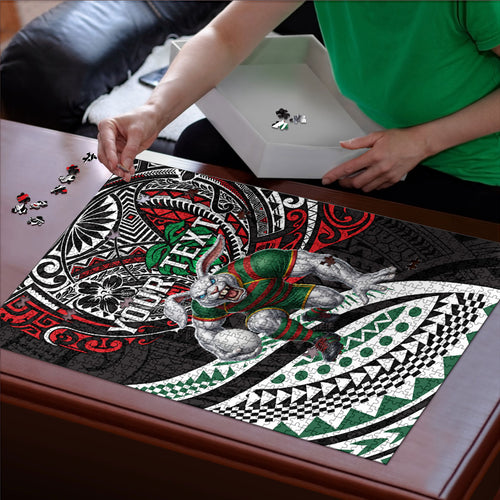 Personalised South Sydney Rabbitohs Puzzle Polynesian Tribal Art Style With Powerful Rabbit Mascot
