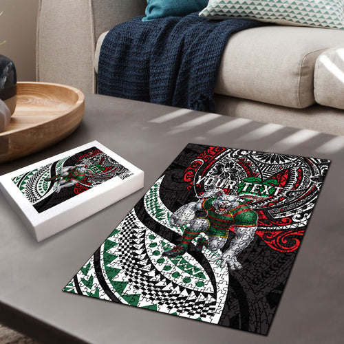 Personalised South Sydney Rabbitohs Puzzle Polynesian Tribal Art Style With Powerful Rabbit Mascot