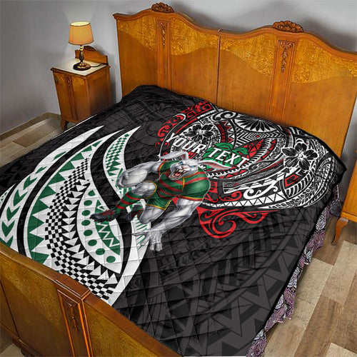 Personalised South Sydney Rabbitohs Quilt Polynesian Tribal Art Style With Powerful Rabbit Mascot