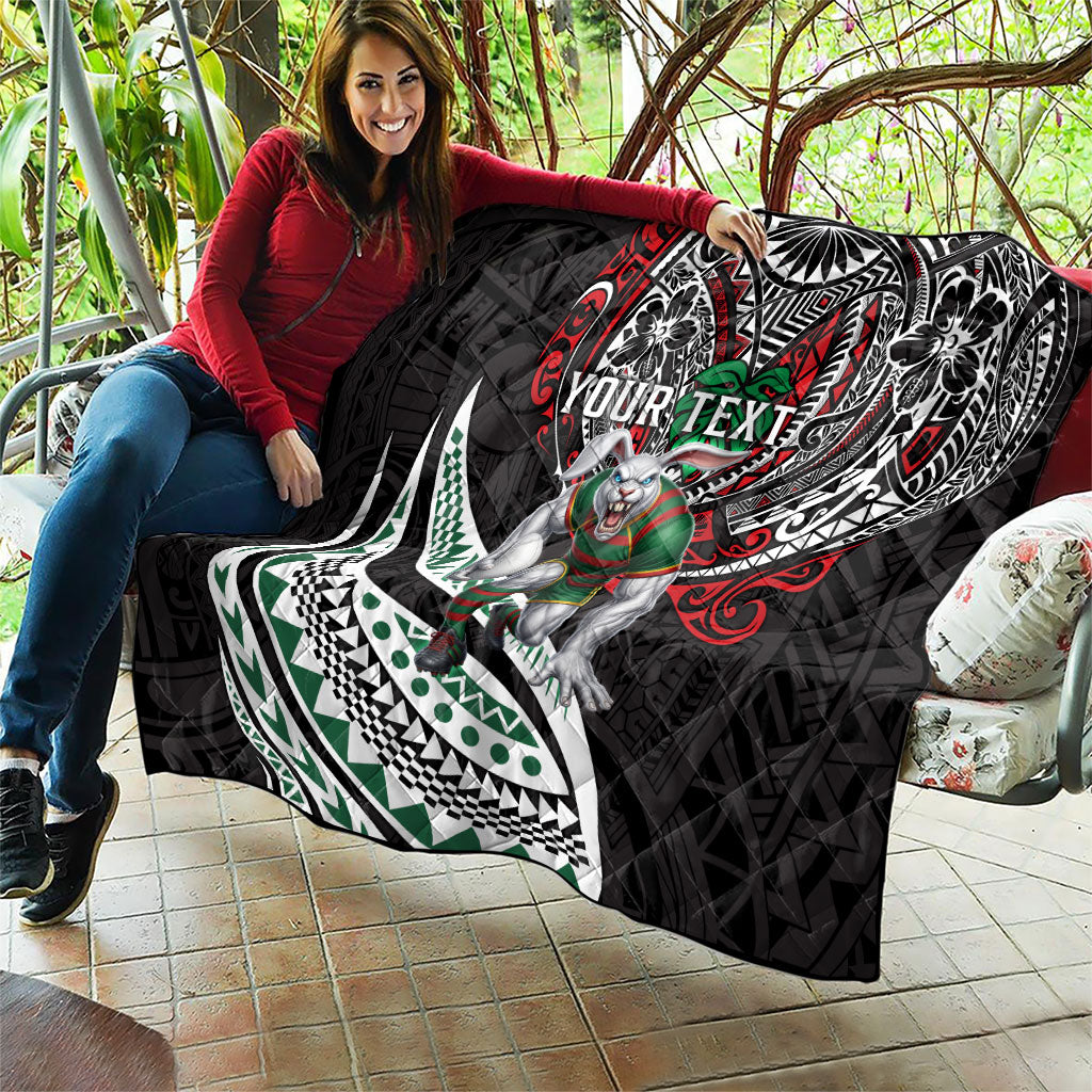 Personalised South Sydney Rabbitohs Quilt Polynesian Tribal Art Style With Powerful Rabbit Mascot