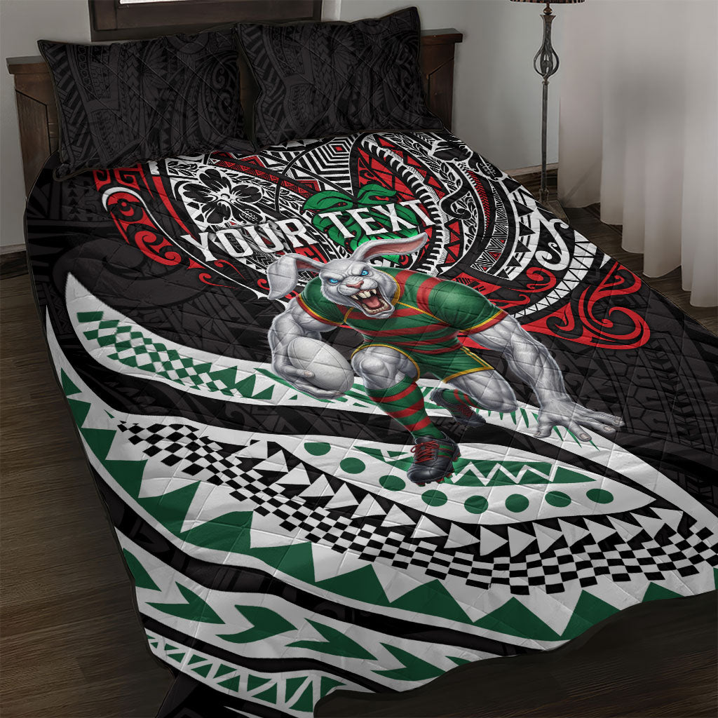 Personalised South Sydney Rabbitohs Quilt Bed Set Polynesian Tribal Art Style With Powerful Rabbit Mascot