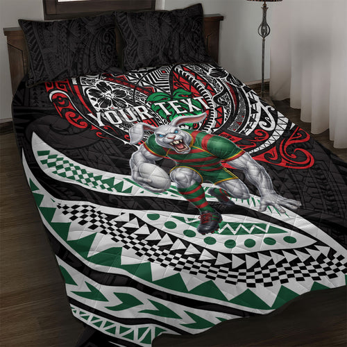 Personalised South Sydney Rabbitohs Quilt Bed Set Polynesian Tribal Art Style With Powerful Rabbit Mascot