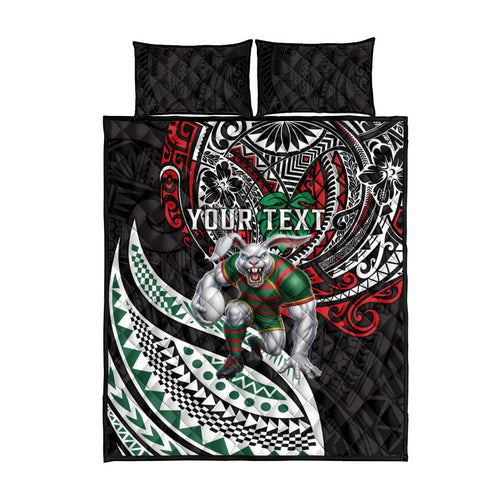 Personalised South Sydney Rabbitohs Quilt Bed Set Polynesian Tribal Art Style With Powerful Rabbit Mascot