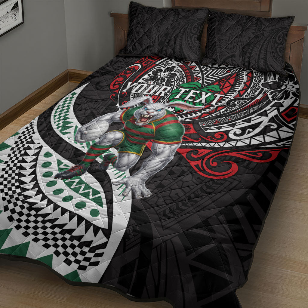 Personalised South Sydney Rabbitohs Quilt Bed Set Polynesian Tribal Art Style With Powerful Rabbit Mascot