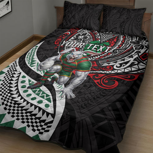 Personalised South Sydney Rabbitohs Quilt Bed Set Polynesian Tribal Art Style With Powerful Rabbit Mascot