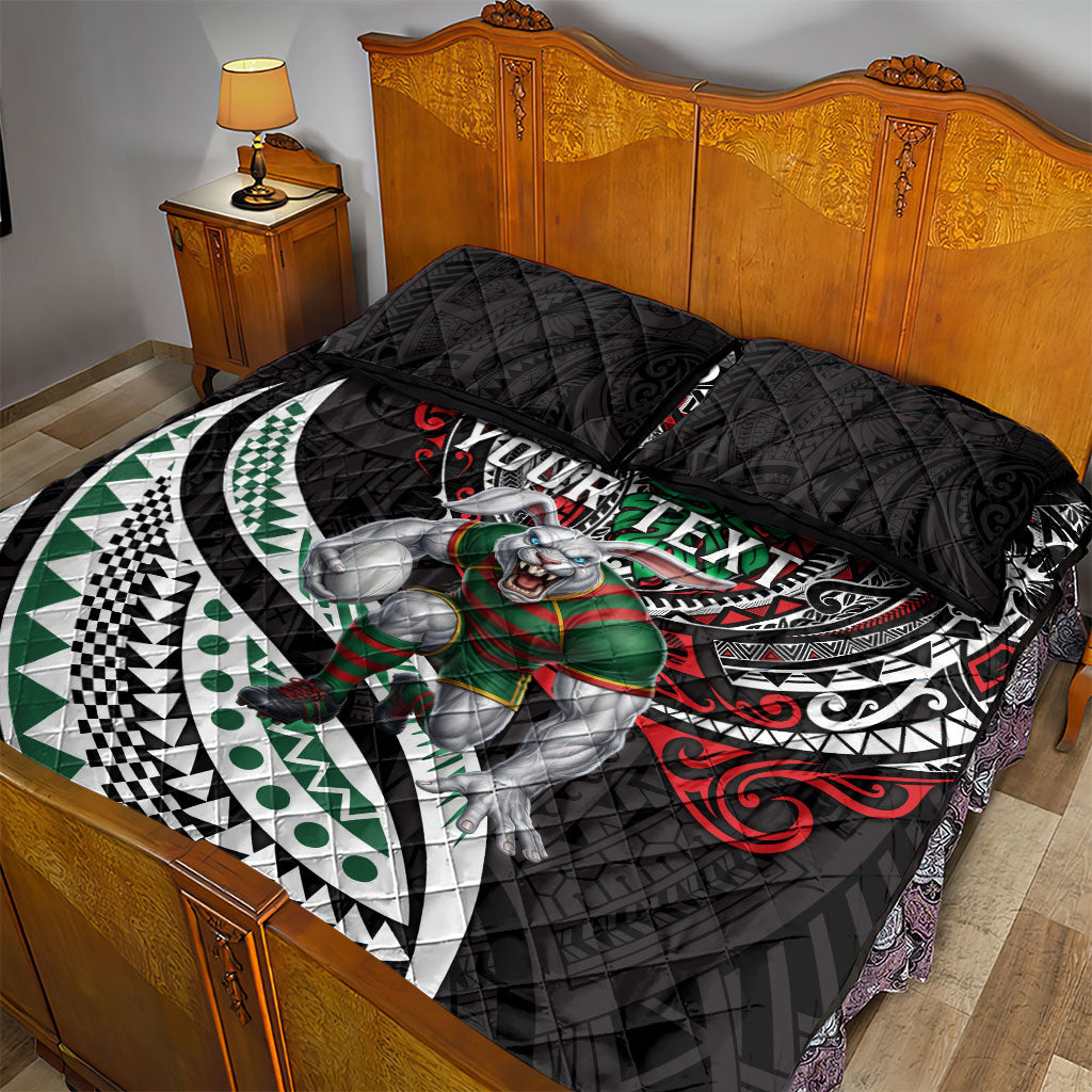 Personalised South Sydney Rabbitohs Quilt Bed Set Polynesian Tribal Art Style With Powerful Rabbit Mascot