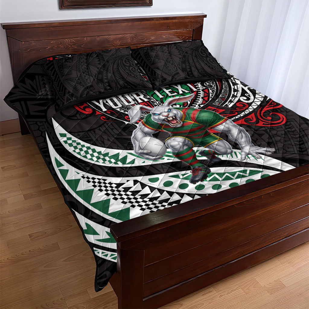 Personalised South Sydney Rabbitohs Quilt Bed Set Polynesian Tribal Art Style With Powerful Rabbit Mascot