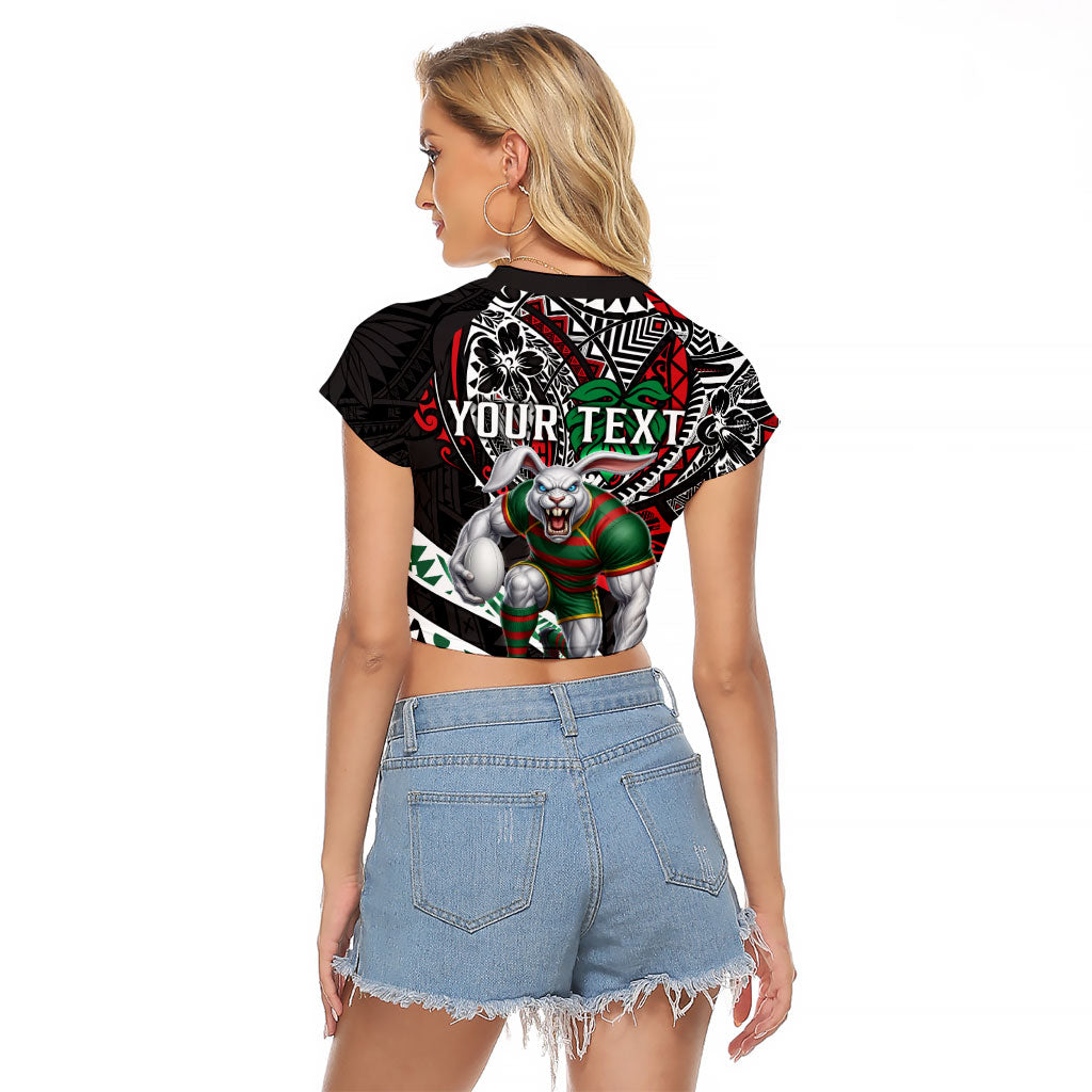 Personalised South Sydney Rabbitohs Raglan Cropped T Shirt Polynesian Tribal Art Style With Powerful Rabbit Mascot