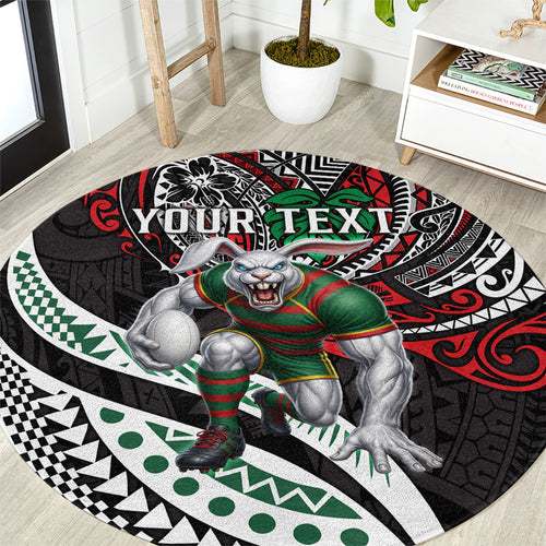 Personalised South Sydney Rabbitohs Round Carpet Polynesian Tribal Art Style With Powerful Rabbit Mascot
