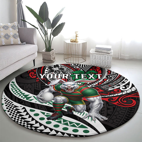 Personalised South Sydney Rabbitohs Round Carpet Polynesian Tribal Art Style With Powerful Rabbit Mascot