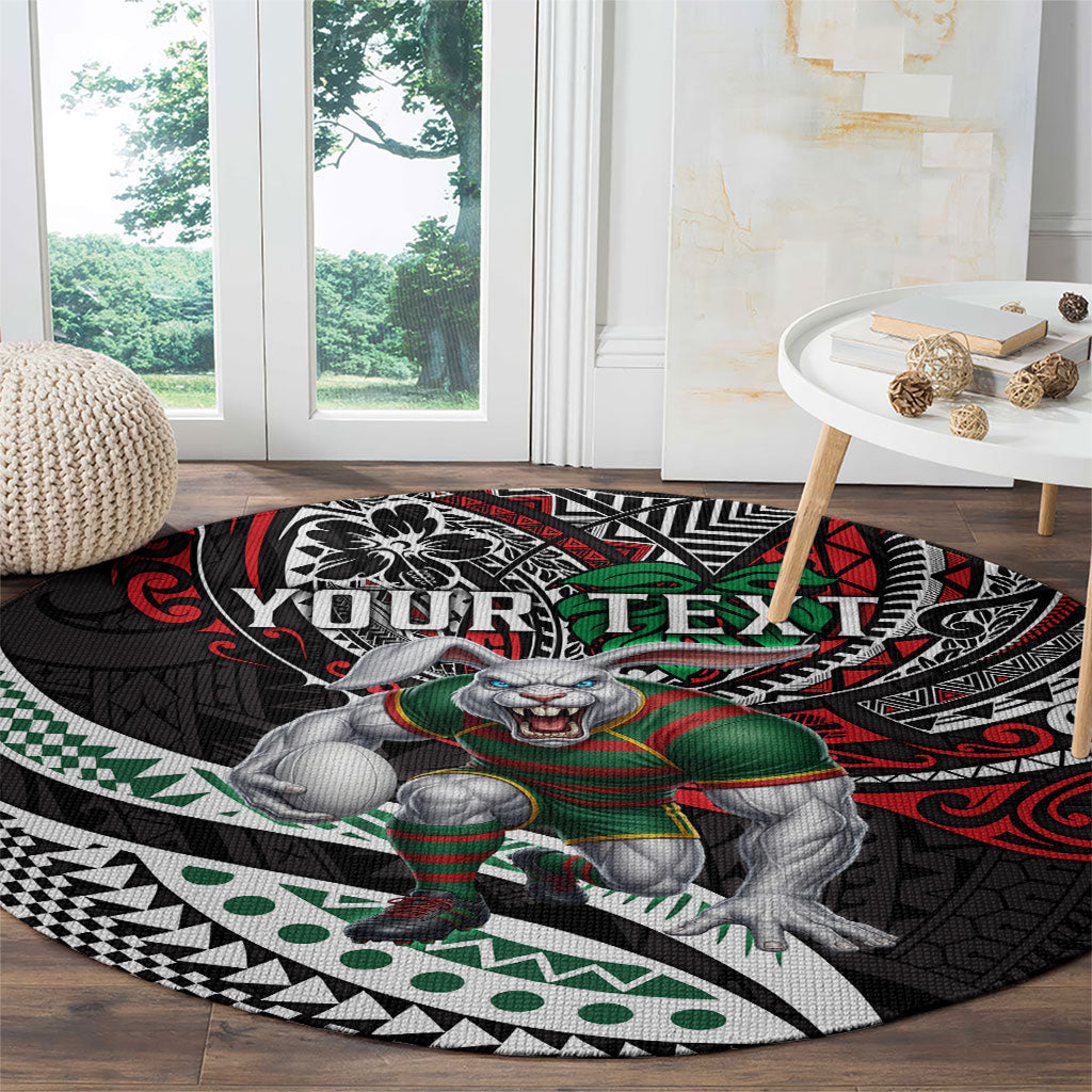 Personalised South Sydney Rabbitohs Round Carpet Polynesian Tribal Art Style With Powerful Rabbit Mascot