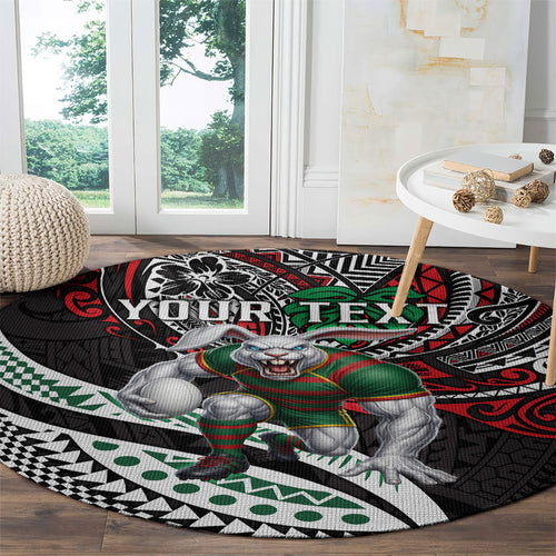 Personalised South Sydney Rabbitohs Round Carpet Polynesian Tribal Art Style With Powerful Rabbit Mascot