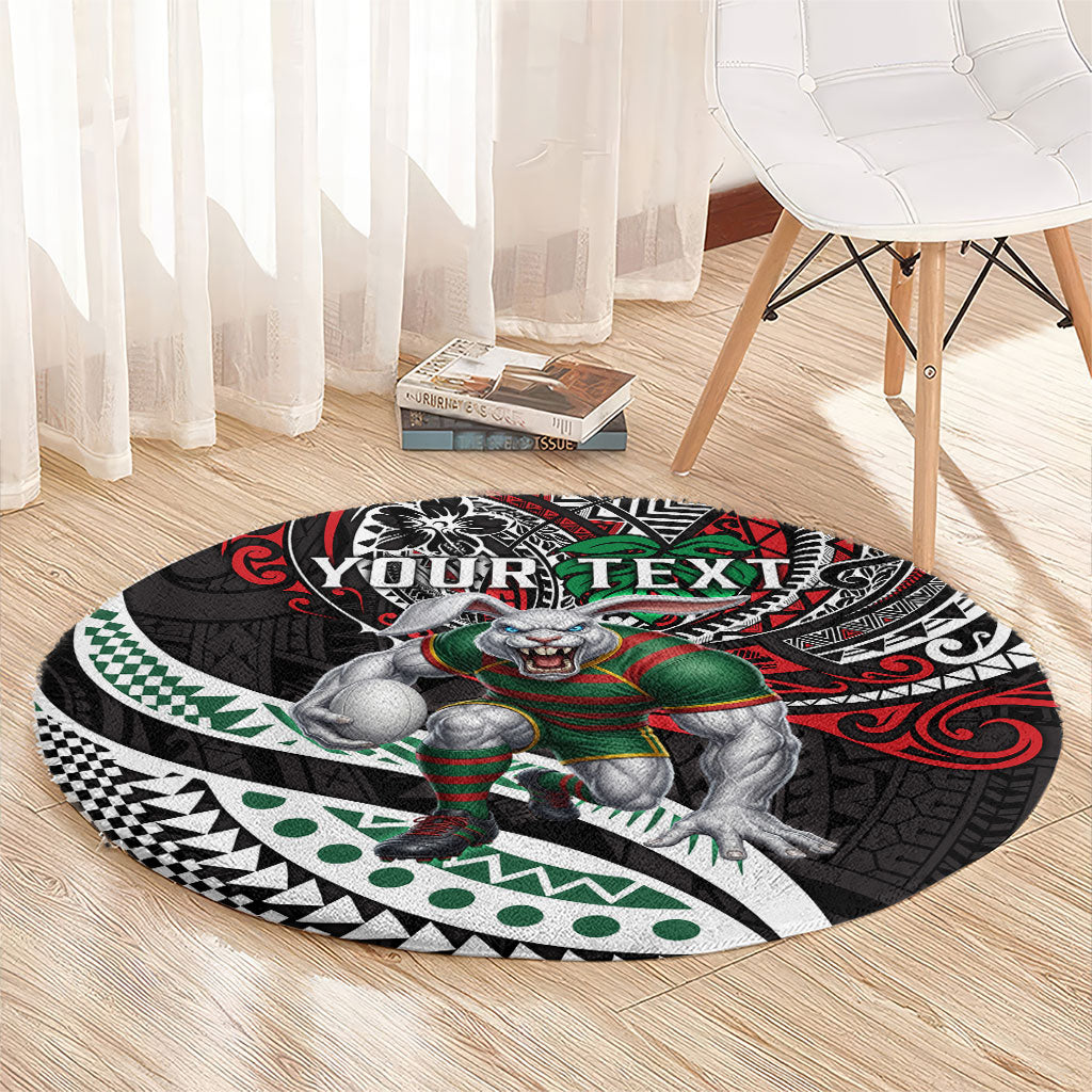 Personalised South Sydney Rabbitohs Round Carpet Polynesian Tribal Art Style With Powerful Rabbit Mascot