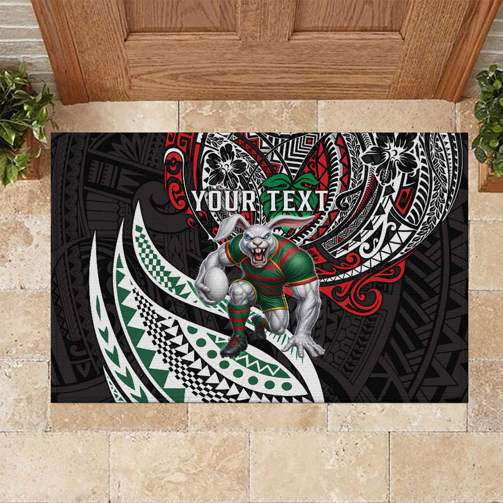 Personalised South Sydney Rabbitohs Rubber Doormat Polynesian Tribal Art Style With Powerful Rabbit Mascot