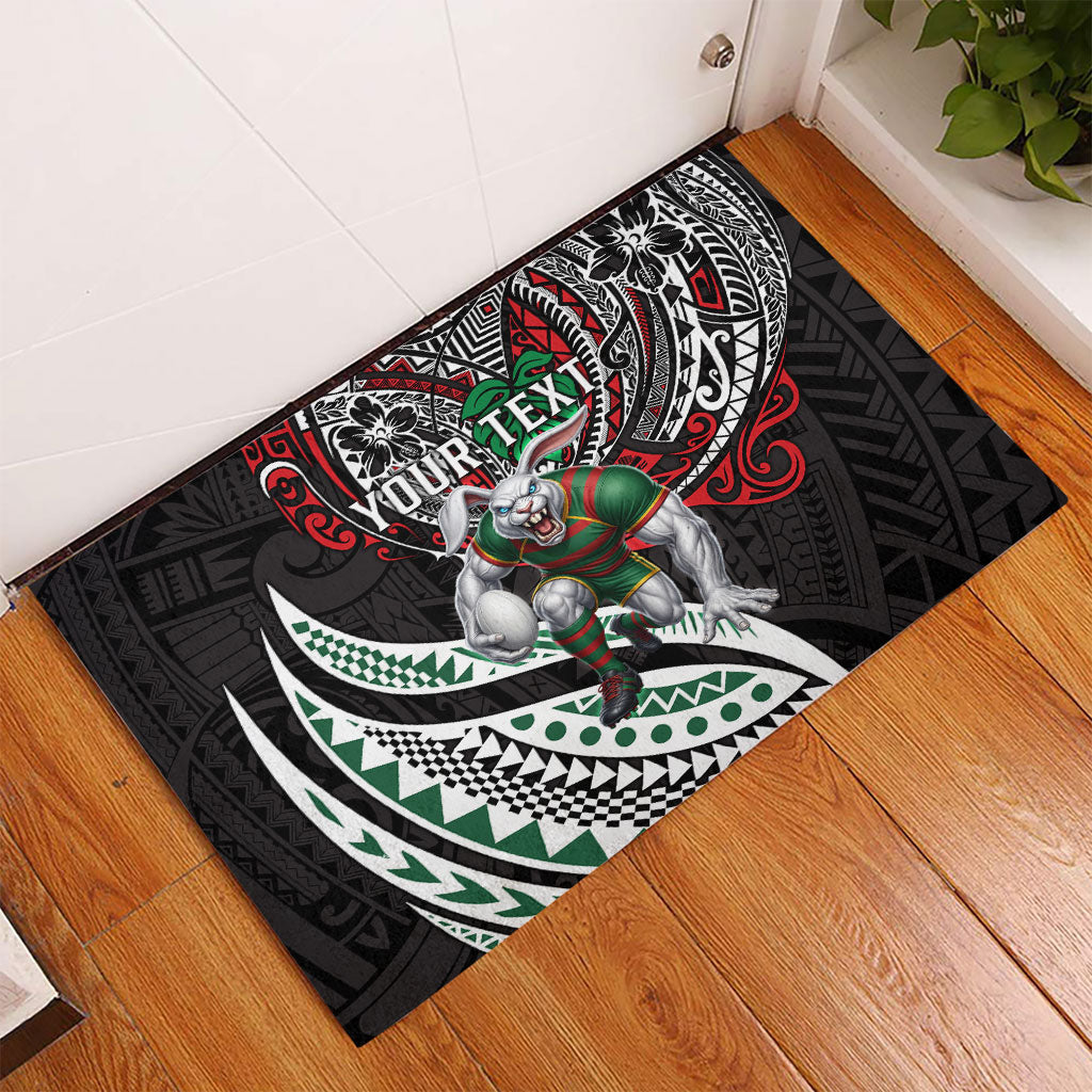 Personalised South Sydney Rabbitohs Rubber Doormat Polynesian Tribal Art Style With Powerful Rabbit Mascot