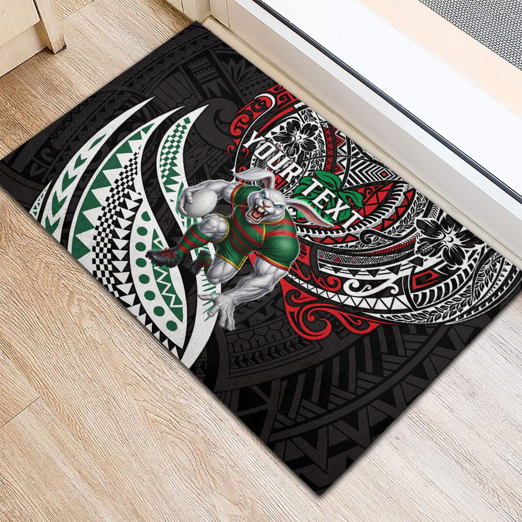 Personalised South Sydney Rabbitohs Rubber Doormat Polynesian Tribal Art Style With Powerful Rabbit Mascot