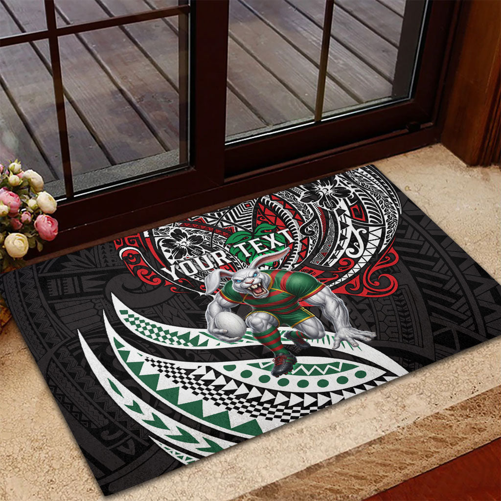 Personalised South Sydney Rabbitohs Rubber Doormat Polynesian Tribal Art Style With Powerful Rabbit Mascot