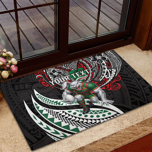 Personalised South Sydney Rabbitohs Rubber Doormat Polynesian Tribal Art Style With Powerful Rabbit Mascot