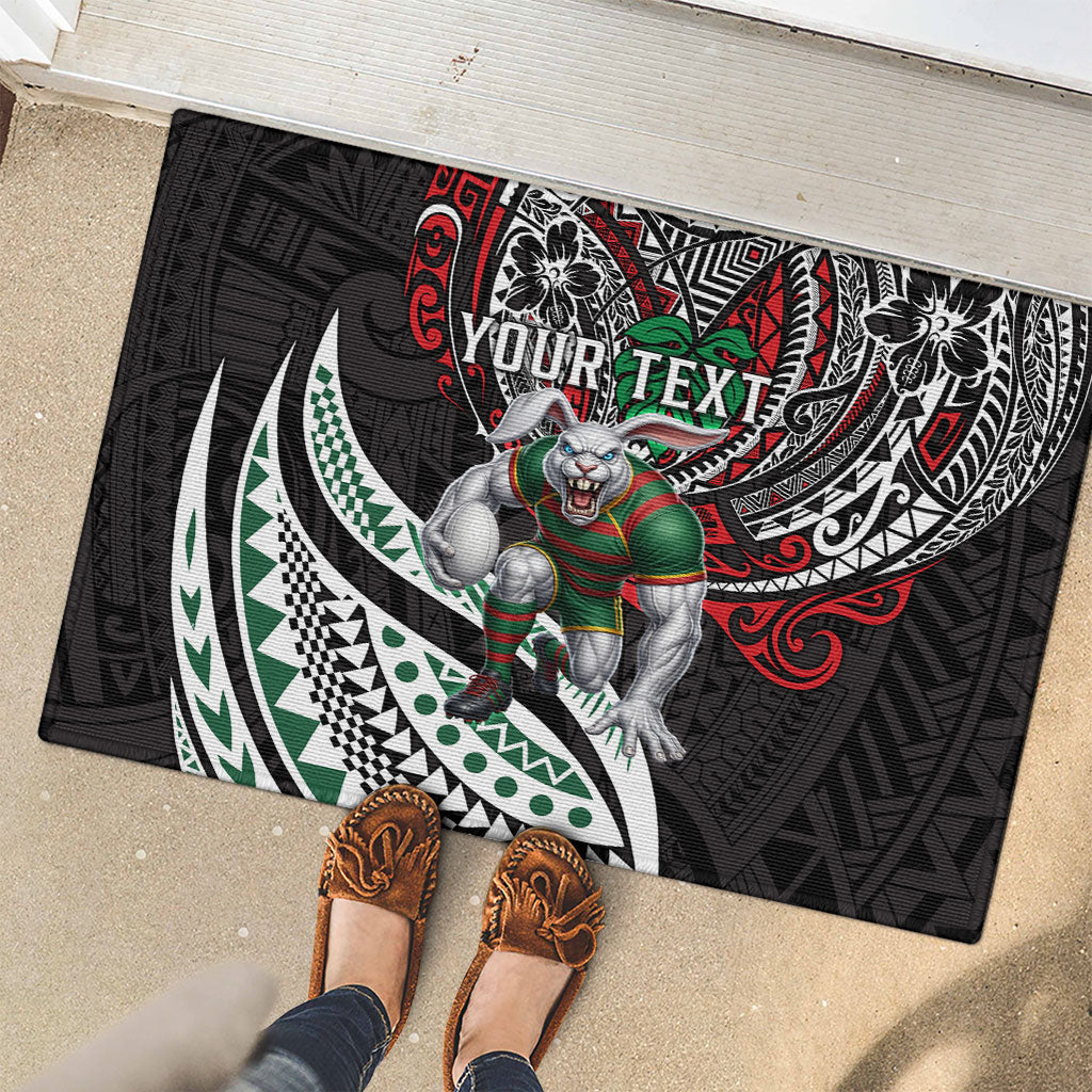 Personalised South Sydney Rabbitohs Rubber Doormat Polynesian Tribal Art Style With Powerful Rabbit Mascot