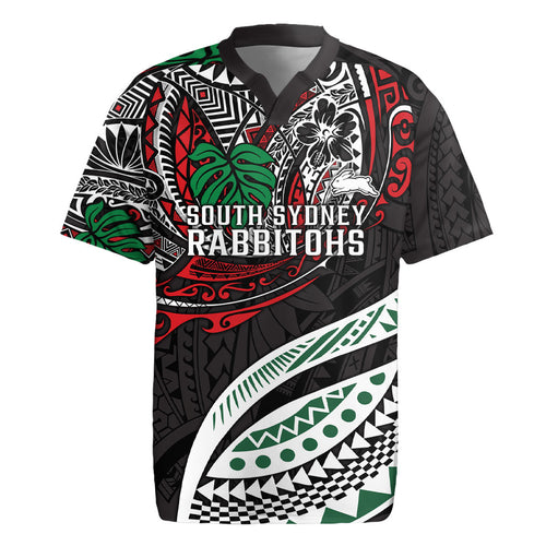 Personalised South Sydney Rabbitohs Rugby Jersey Polynesian Tribal Art Style With Powerful Rabbit Mascot