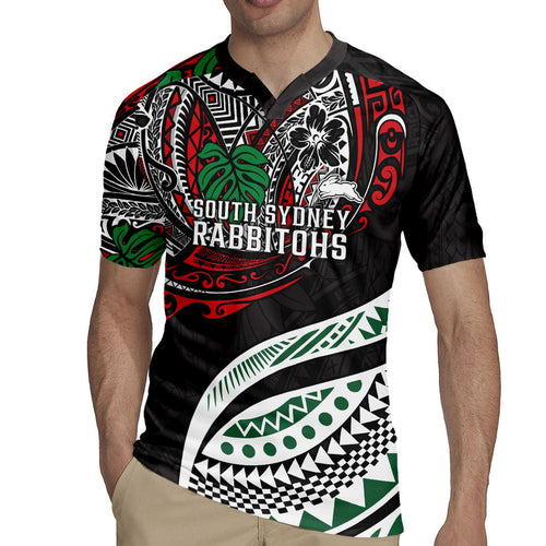 Personalised South Sydney Rabbitohs Rugby Jersey Polynesian Tribal Art Style With Powerful Rabbit Mascot