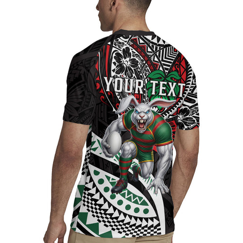 Personalised South Sydney Rabbitohs Rugby Jersey Polynesian Tribal Art Style With Powerful Rabbit Mascot