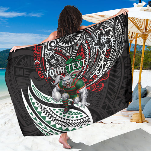 Personalised South Sydney Rabbitohs Sarong Polynesian Tribal Art Style With Powerful Rabbit Mascot