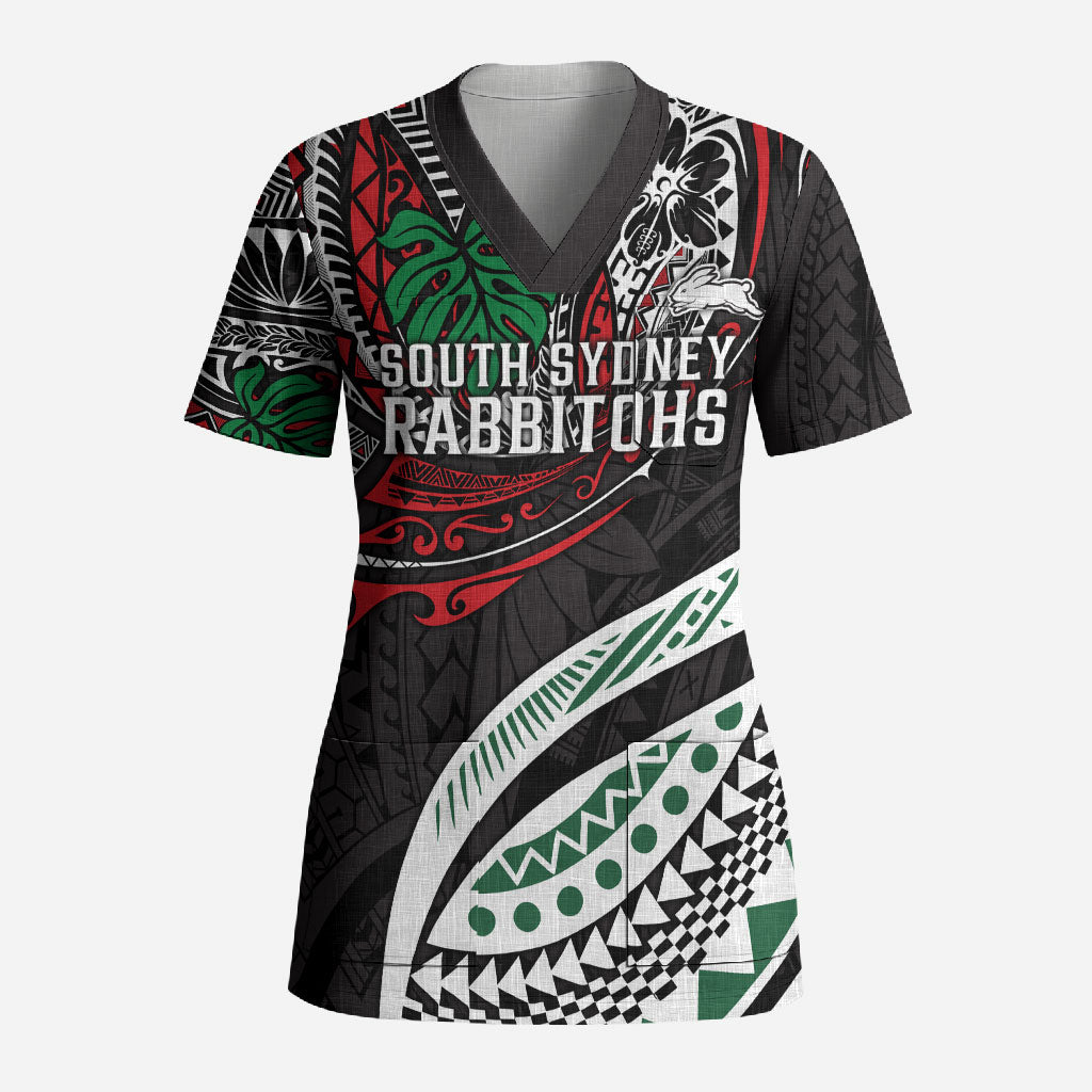Personalised South Sydney Rabbitohs Scrub Top Polynesian Tribal Art Style With Powerful Rabbit Mascot