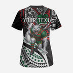 Personalised South Sydney Rabbitohs Scrub Top Polynesian Tribal Art Style With Powerful Rabbit Mascot
