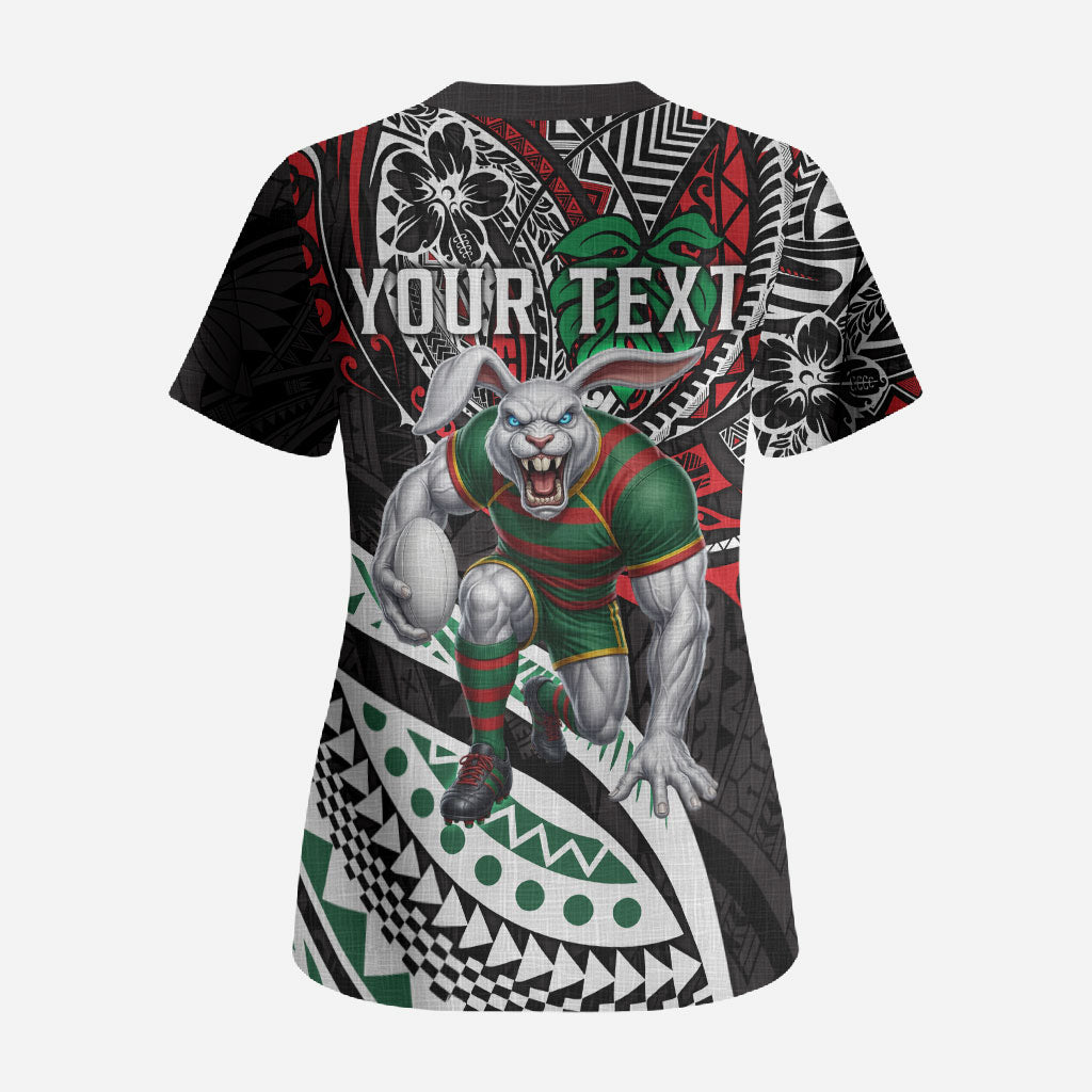 Personalised South Sydney Rabbitohs Scrub Top Polynesian Tribal Art Style With Powerful Rabbit Mascot