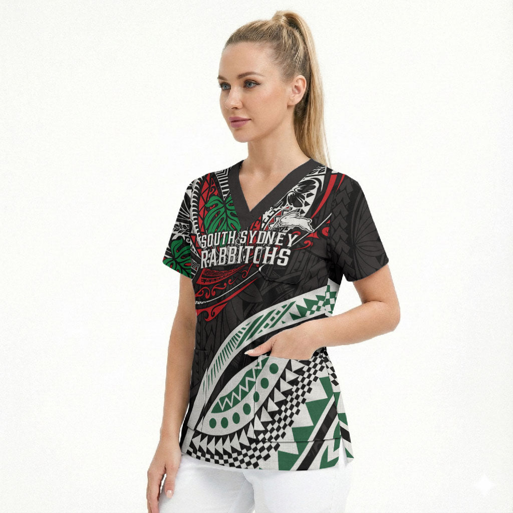 Personalised South Sydney Rabbitohs Scrub Top Polynesian Tribal Art Style With Powerful Rabbit Mascot