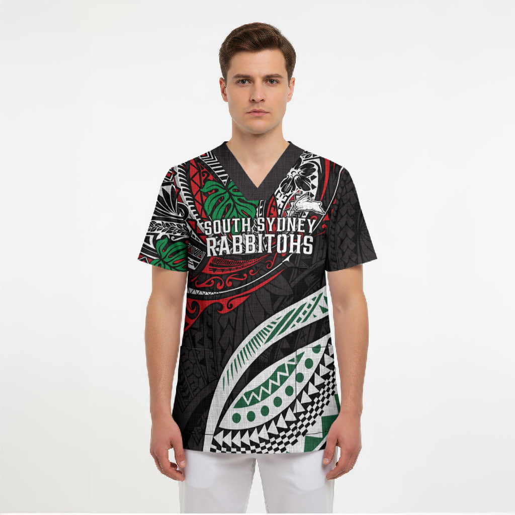 Personalised South Sydney Rabbitohs Scrub Top Polynesian Tribal Art Style With Powerful Rabbit Mascot