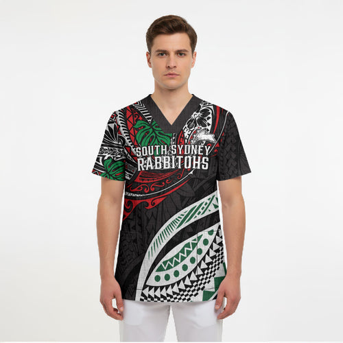 Personalised South Sydney Rabbitohs Scrub Top Polynesian Tribal Art Style With Powerful Rabbit Mascot