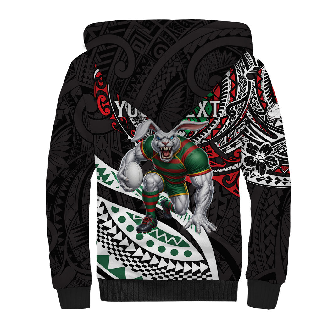 Personalised South Sydney Rabbitohs Sherpa Hoodie Polynesian Tribal Art Style With Powerful Rabbit Mascot