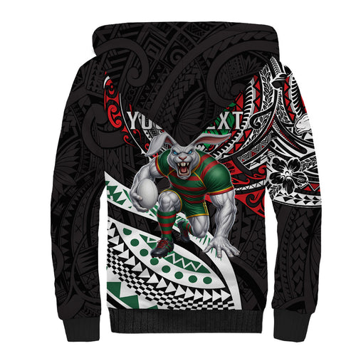 Personalised South Sydney Rabbitohs Sherpa Hoodie Polynesian Tribal Art Style With Powerful Rabbit Mascot