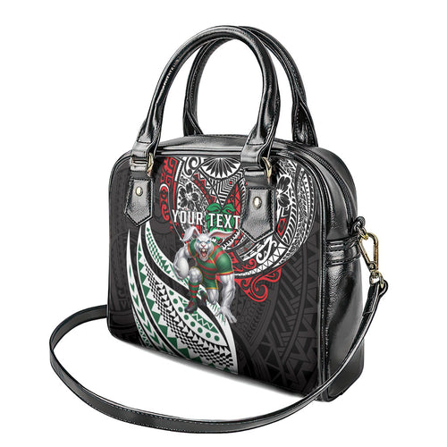 Personalised South Sydney Rabbitohs Shoulder Handbag Polynesian Tribal Art Style With Powerful Rabbit Mascot