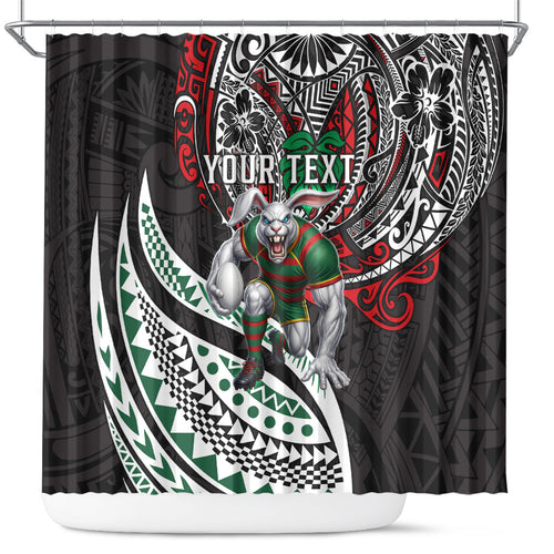 Personalised South Sydney Rabbitohs Shower Curtain Polynesian Tribal Art Style With Powerful Rabbit Mascot