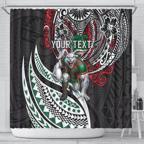 Personalised South Sydney Rabbitohs Shower Curtain Polynesian Tribal Art Style With Powerful Rabbit Mascot